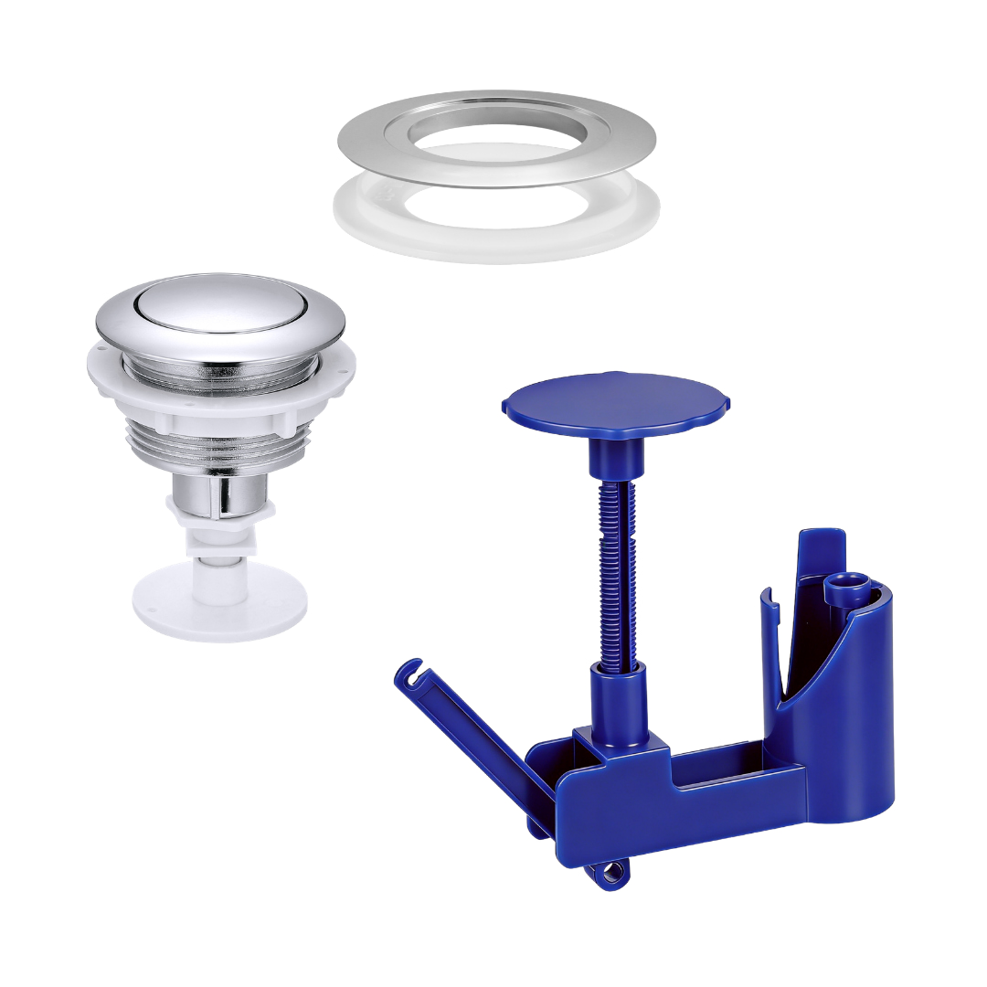 Universal top push toilet flush button kit with chrome button adapter rings and blue adjustable button holder